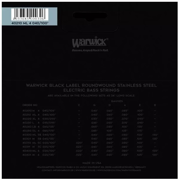 Cordes de basse WARWICK 4 Black Label 40-100