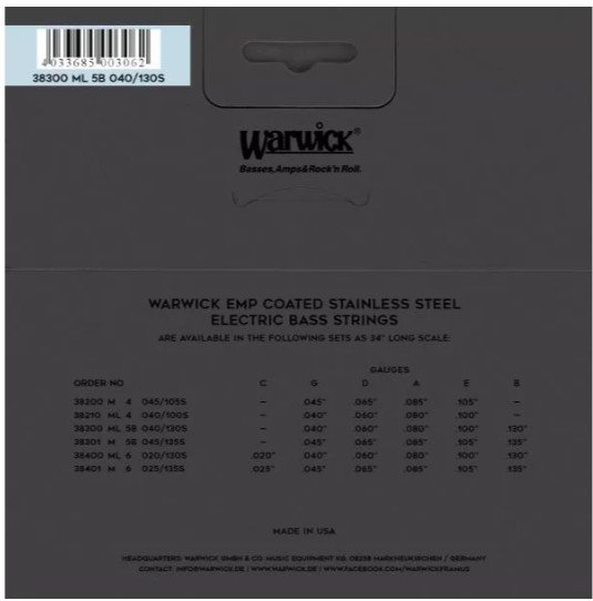 WARWICK EMP Coated 5-String, Medium Light, .040-.130 Acero Inoxidable